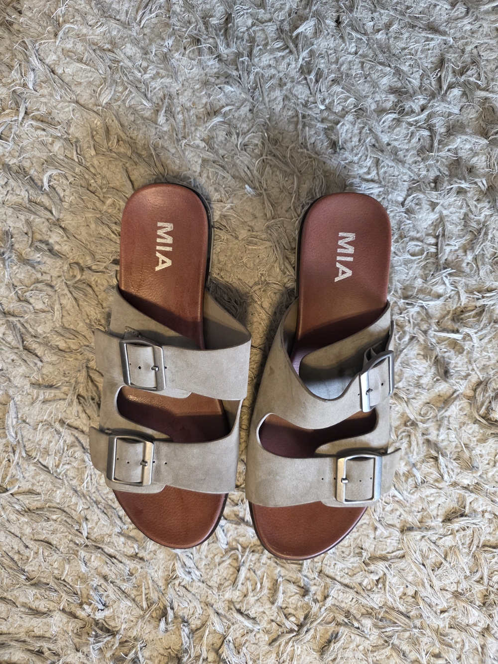 MIA Women's Taupe Double-Buckle Slide Sandals